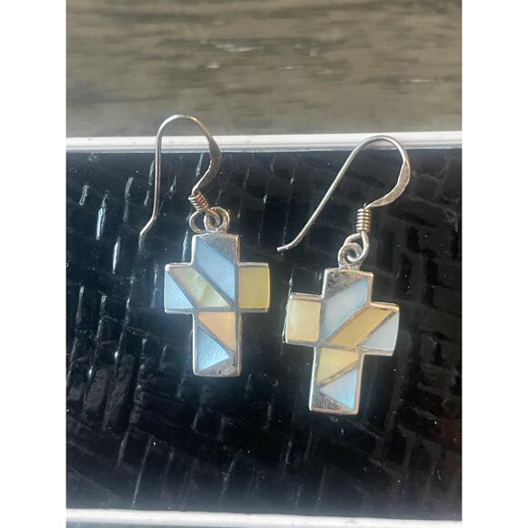 silver cross earrings with inlaid mother of pearl earrings vintage jewelry  .925 - Picture 6 of 7